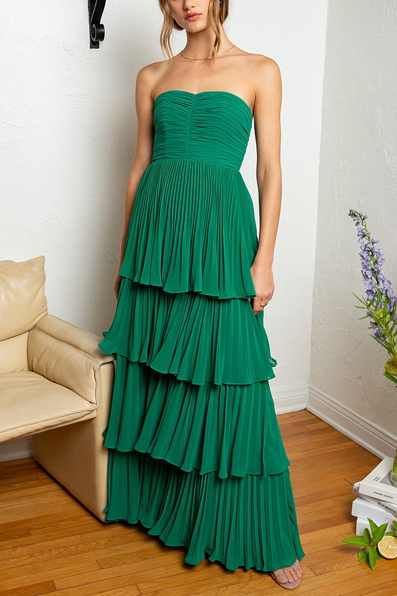 Sevoba|Emerald Green Strapless Multi-Layer Long Prom Dress