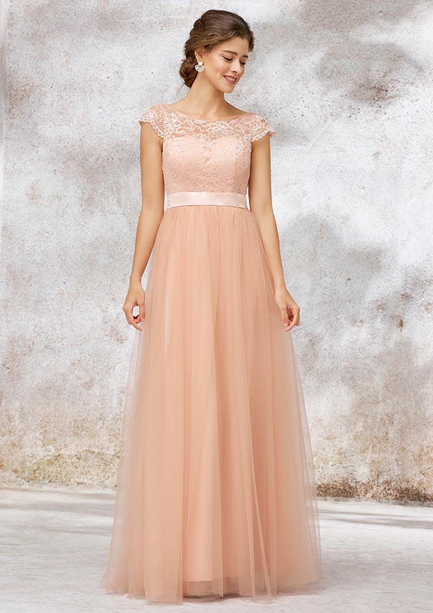 Tulle Bridesmaid Dress A-line/Princess Bateau Sleeveless Long/Floor-Length With Sashes Lace