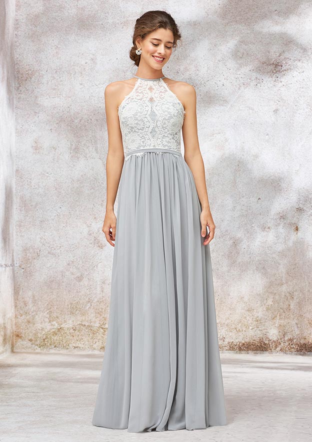 Chiffon Bridesmaid Dress A-line/Princess Scoop Neck Sleeveless Long/Floor-Length With Lace