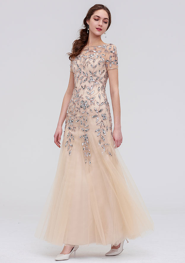 Sheath/Column Scoop Neck Short Sleeve Ankle-Length Tulle Dress With Sequins Beading