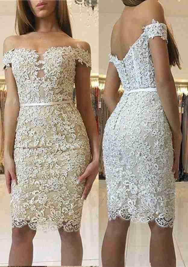 Sheath/Column Off-The-Shoulder Short Sleeve Knee-Length Lace Homecoming Dress With Beading Waistband