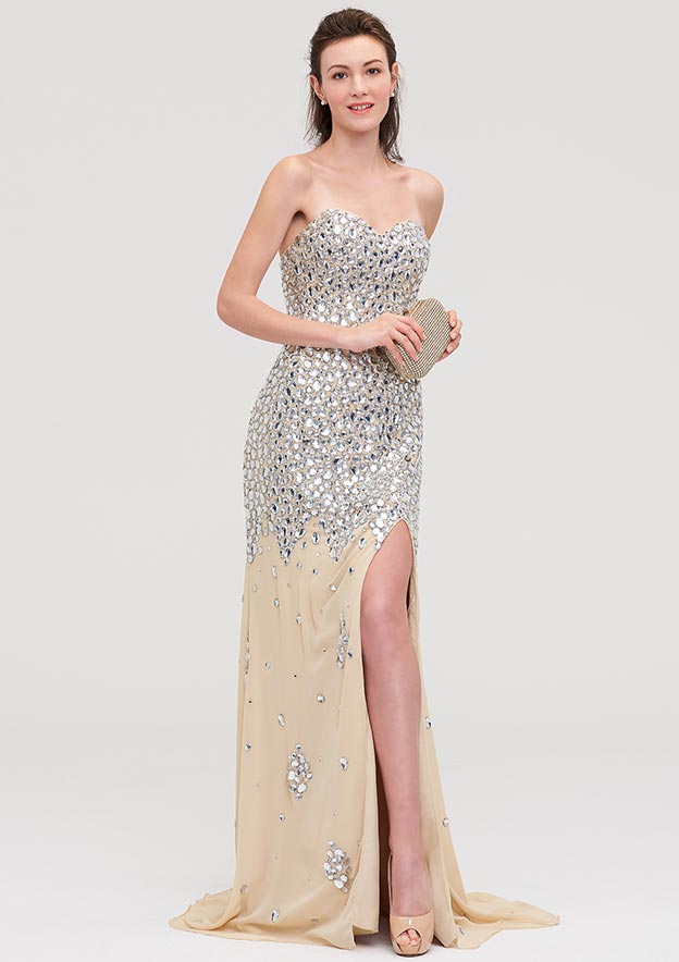 Sheath/Column Sweetheart Sleeveless Court Train Chiffon Evening Dress With Beading