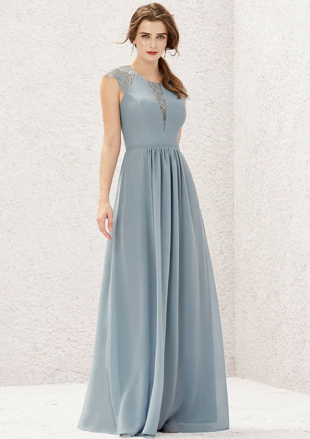 A-line Scoop Neck Sleeveless Long/Floor-Length Chiffon Bridesmaid Dress With Pleated Lace