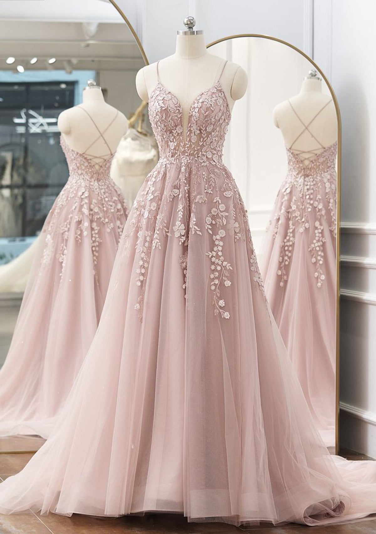 A-line V Neck Spaghetti Straps Sweep Train Tulle Prom Dress With Appliqued Beading