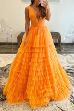 Reese |A-line Orange V-Neck Tulle Long Prom Dress