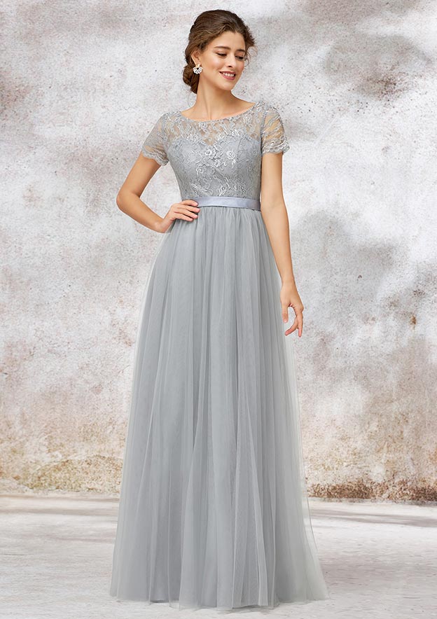 Tulle Bridesmaid Dress A-line/Princess Bateau Short Sleeve Long/Floor-Length With Lace