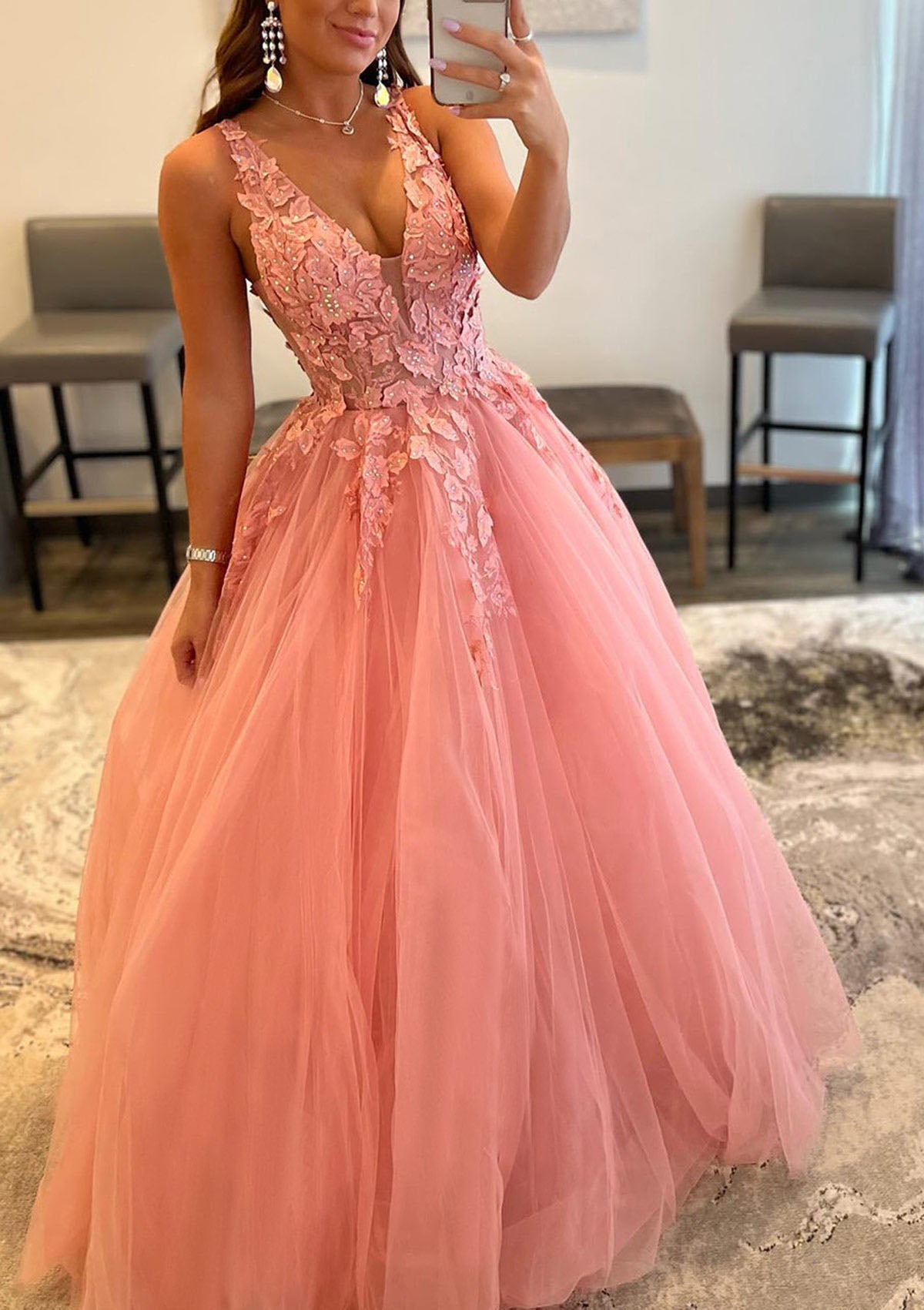 Princess A-line V Neck Sleeveless Sweep Train Tulle Prom Dress With Appliqued Beading