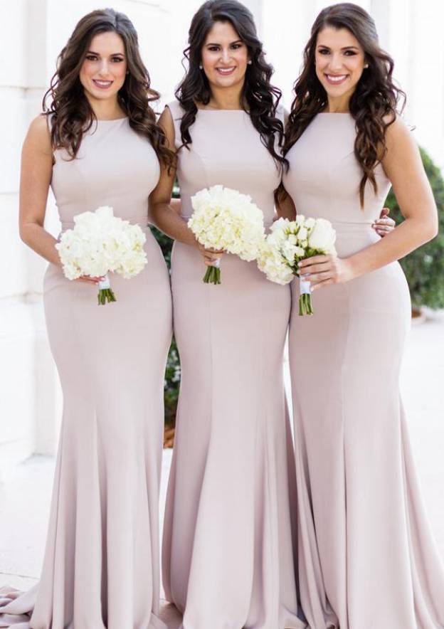 Sheath/Column Bateau Sleeveless Sweep Train Elastic Satin Bridesmaid Dresses With Pleated