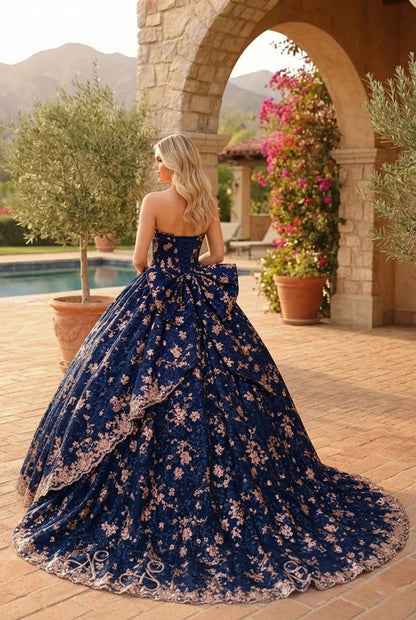 Charming Glitter Ball Gown Sleeveless Quinceañera Dress With Embroidery and Bow | Sevoba