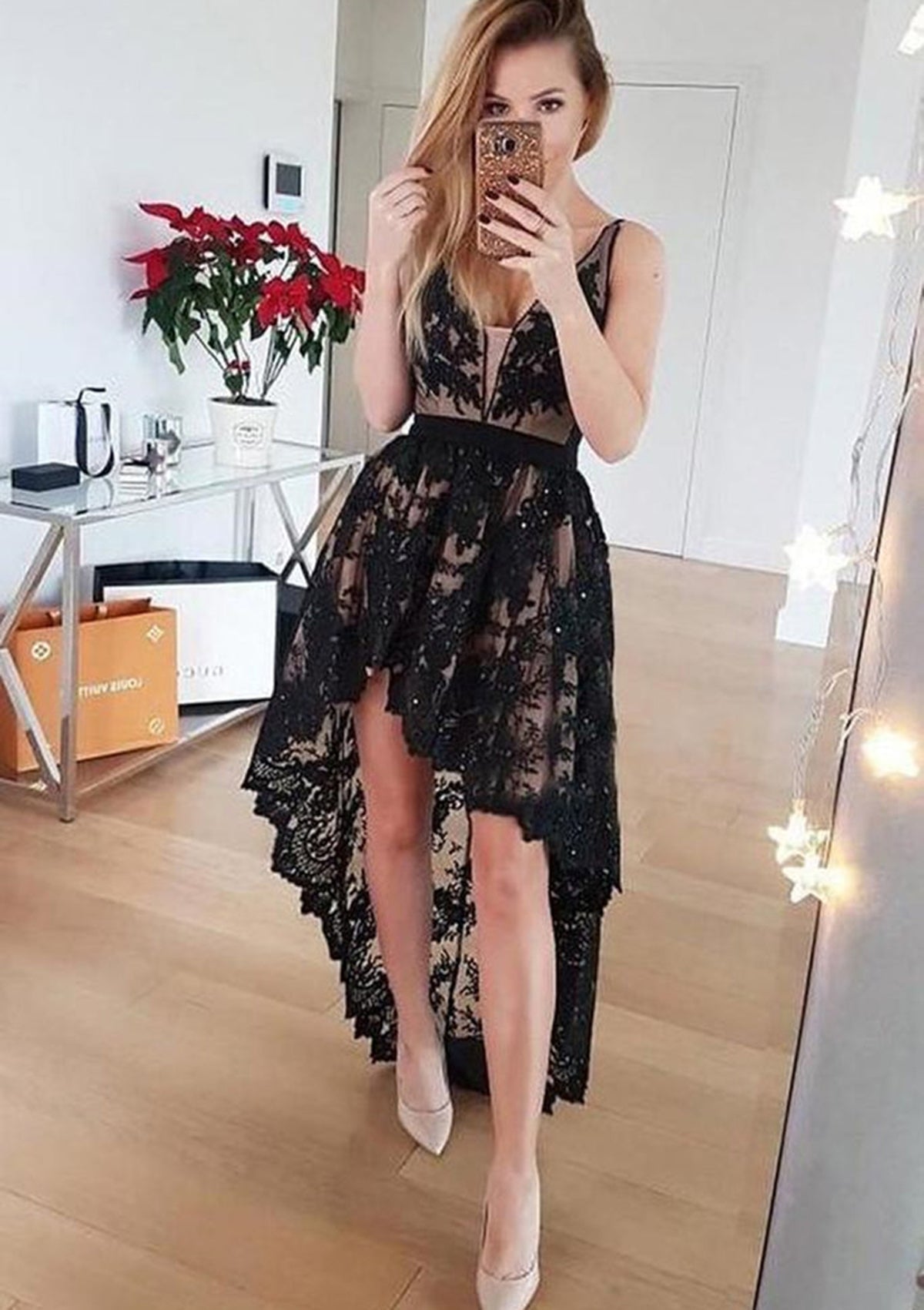 A-line V Neck Sleeveless Lace Satin Asymmetrical Homecoming Dress With Sequins