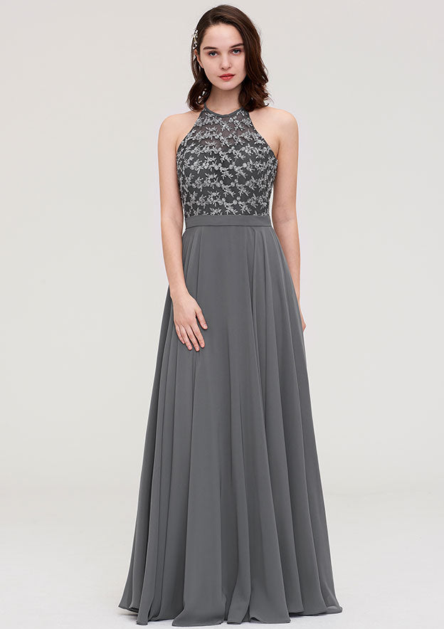 A-line/Princess Halter Sleeveless Long/Floor-Length Chiffon Bridesmaid Dress With Appliqued