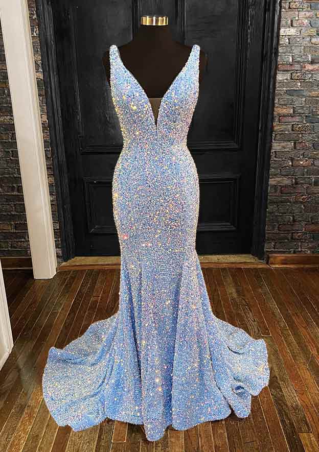 Sheath/Column Trumpet/Mermaid V Neck Sleeveless Velvet Sequins Sweep Train Prom Dress