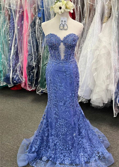 Sevoba|Black Sweetheart Lace Appliques Mermaid Long Prom Dresses