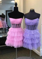 Sevoba | A Line Black Strapless Tiered Homecoming Dress