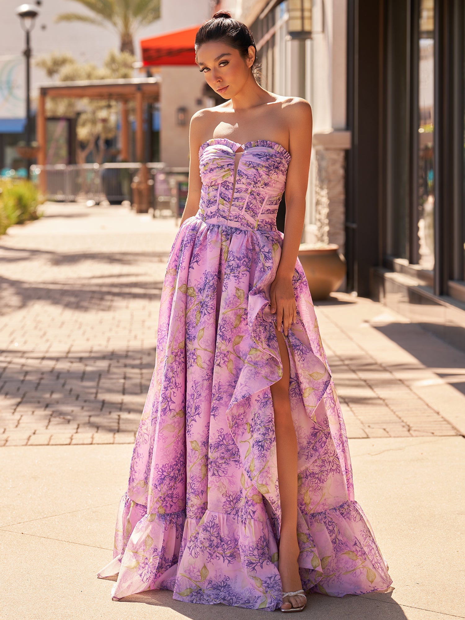 Sevoba|Lilac A-Line Corset Detachable Sweetheart Floral Long Prom Dress