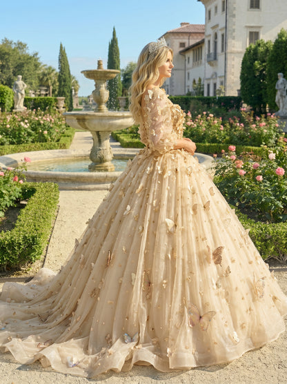 Charming Ball Gown Illusion Long Sleeves Quinceañera Dress With 3D Butterfly | Sevoba