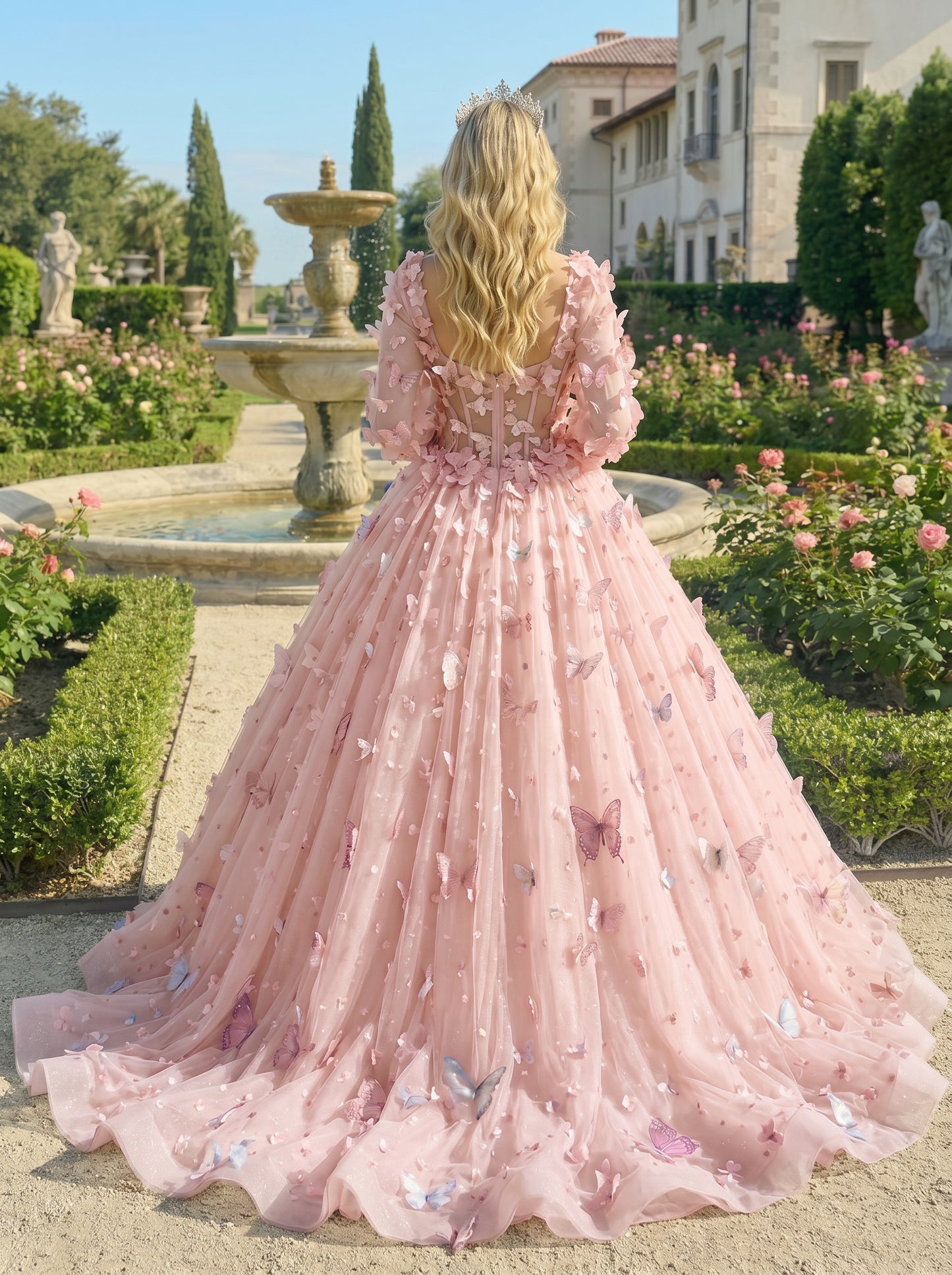 Charming Ball Gown Illusion Long Sleeves Quinceañera Dress With 3D Butterfly | Sevoba