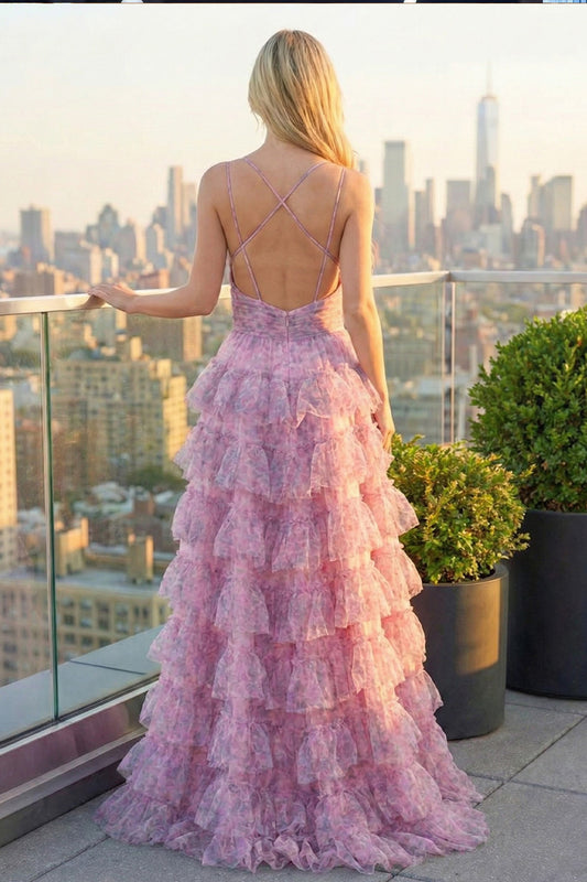 Sevoba printed tulle tiered ruffle prom dress with open back and crisscross straps, back view on rooftop