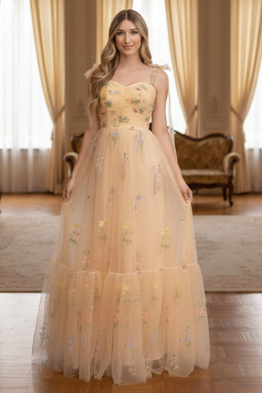 A Line Sweetheart Long Prom Dress with Floral  Embroidery | Sevoba