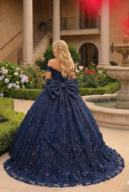 Charming Ball Gown Cold Shoulder Quinceañera Dress With Floral Lace and Bow | Sevoba