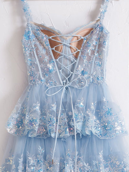 Capri | Blue Crystal Sequins Princess A Line Off the Shoulder Prom Dress with Lace Ruffles