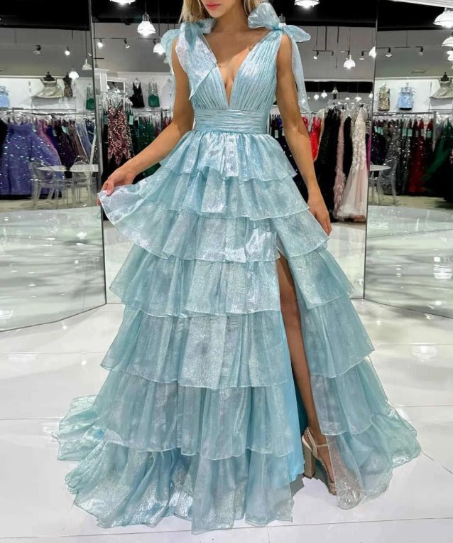 Glitter Tie Straps Pink Plunging Neck Tiered Long Prom Dress