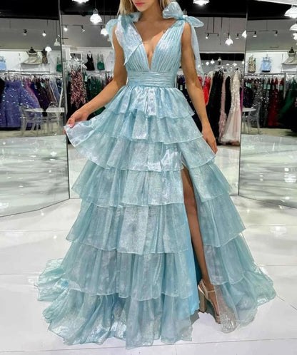 Glitter Tie Straps Pink Plunging Neck Tiered Long Prom Dress