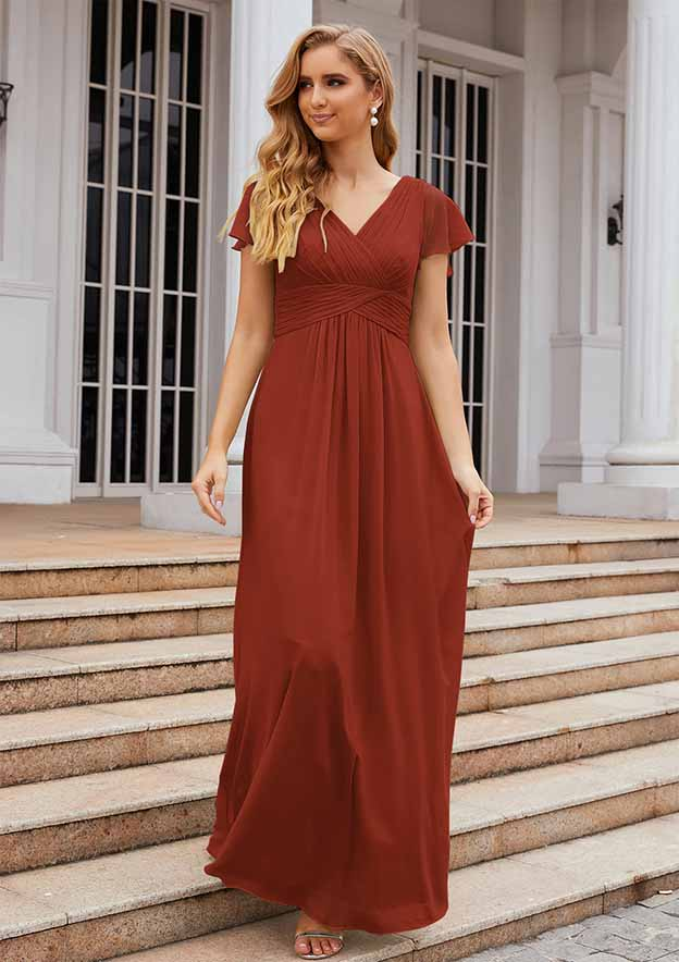 A-line V Neck Short Sleeve Long/Floor-Length Chiffon Bridesmaid Dress With Pleated