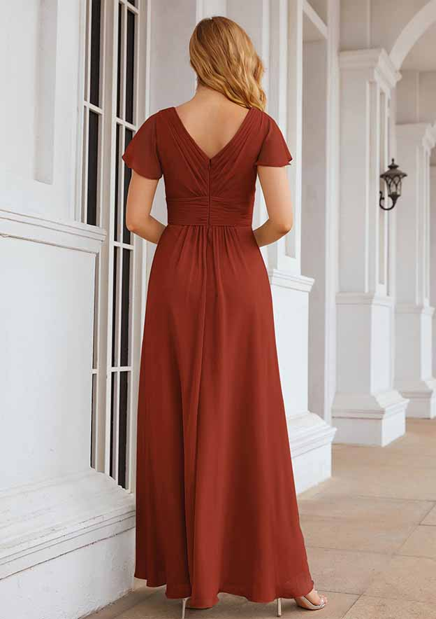 A-line V Neck Short Sleeve Long/Floor-Length Chiffon Bridesmaid Dress With Pleated