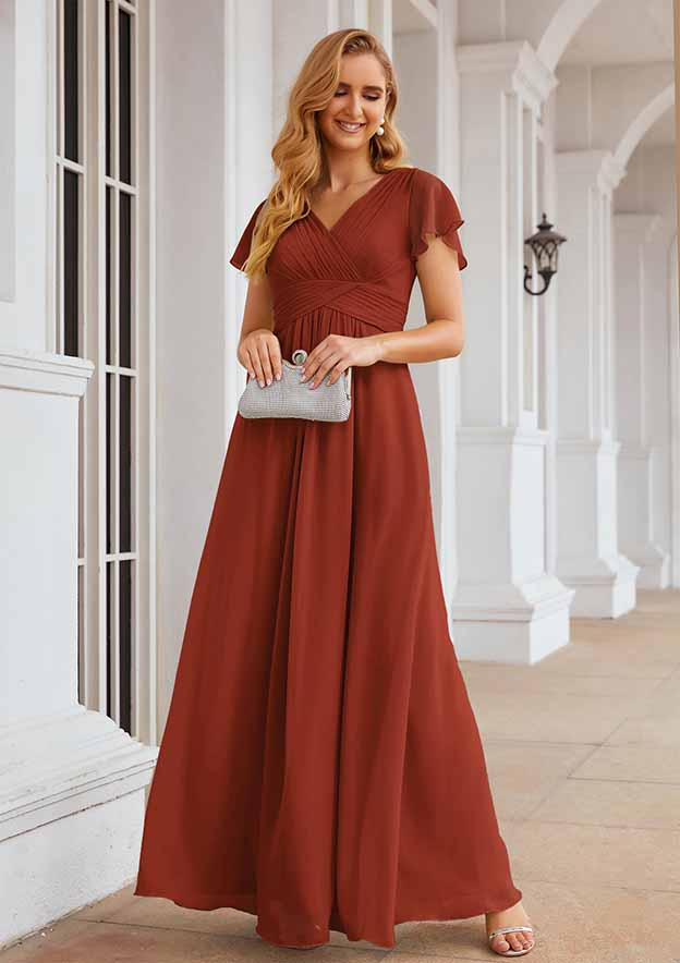 A-line V Neck Short Sleeve Long/Floor-Length Chiffon Bridesmaid Dress With Pleated