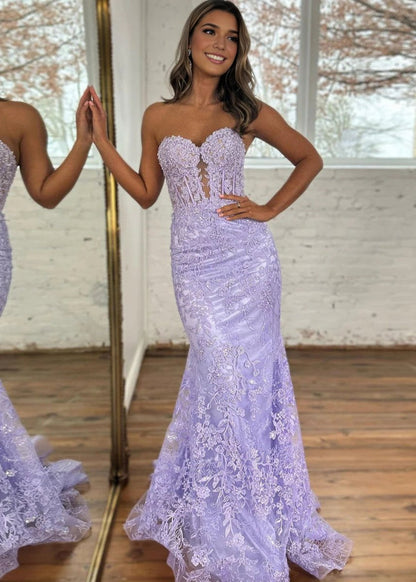 Sevoba|Black Sweetheart Lace Appliques Mermaid Long Prom Dresses