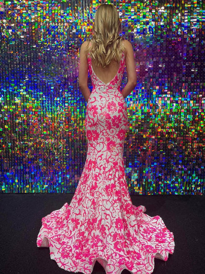 Bailey | Pink V Neck Sequin Lace Mermaid Prom Dress