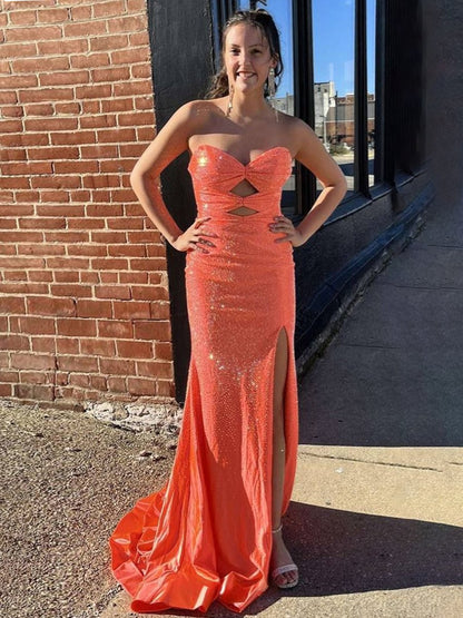 Sevoba | Glitter Mermaid Yellow Sweetheart Cut-out Long Prom Dress with Beading