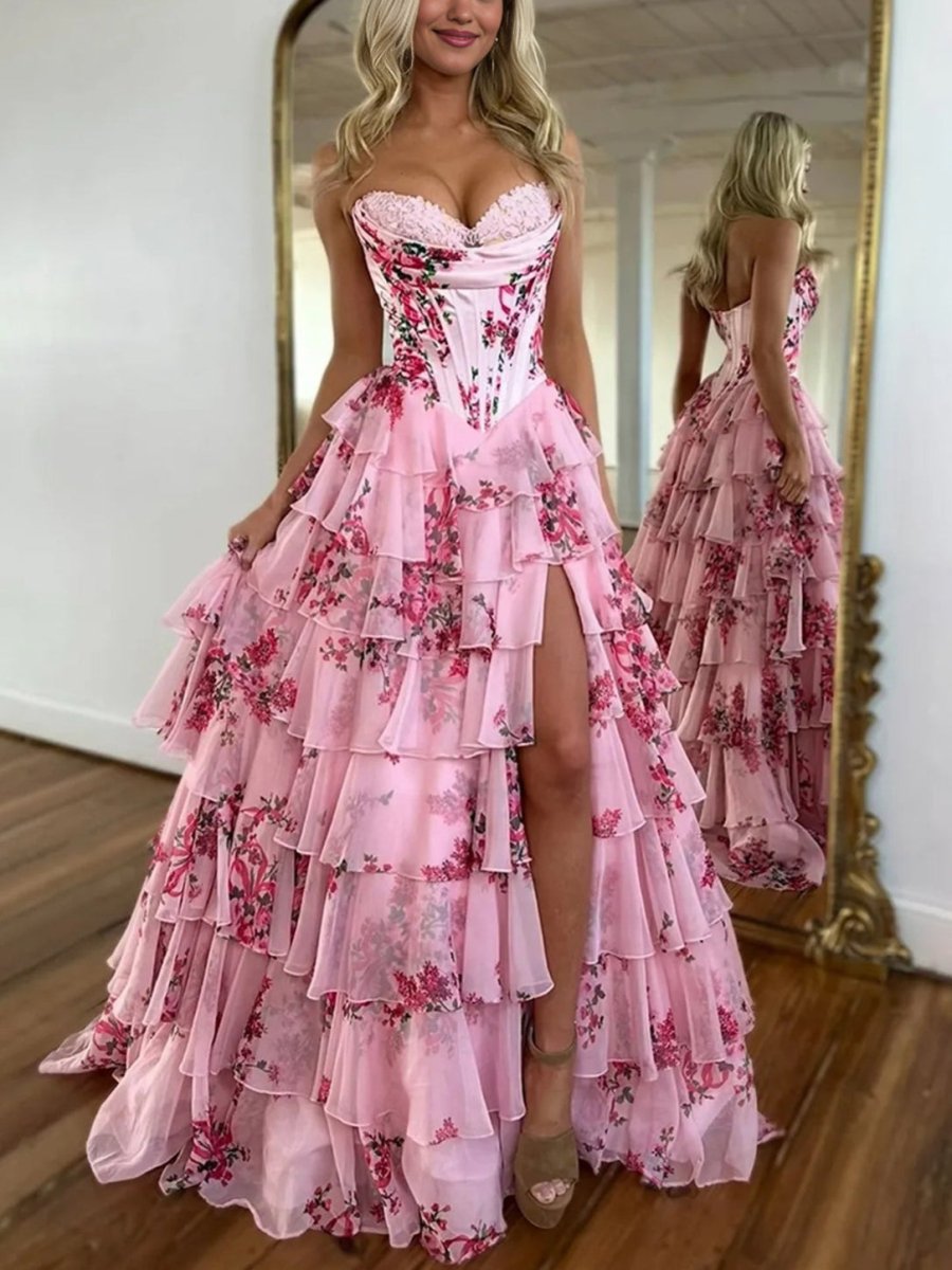 A Line Floral Blush Tiered Chiffon Long Corset Prom Dress with Slit