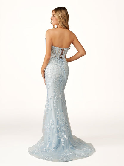 Sevoba|Strapless Mermaid Lace Appliques Long Prom Dress with Bow