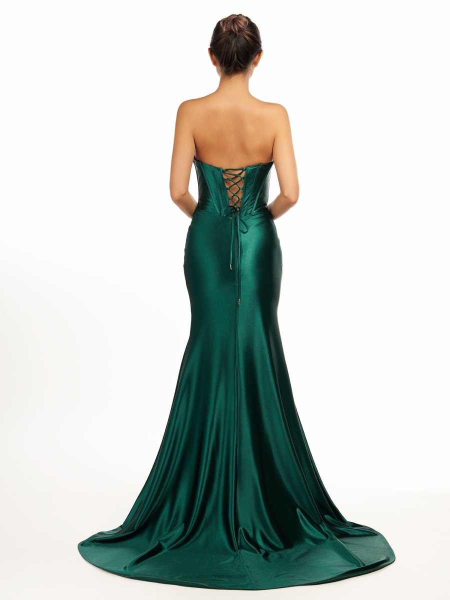 Sevoba|Dark Green Strapless Sheath Satin Long Prom Dress With Split