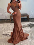 Sevoba | Mermaid Deep V-Neck Beaded Satin Long Prom Dress