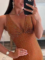 Sevoba | Mermaid Deep V-Neck Beaded Satin Long Prom Dress