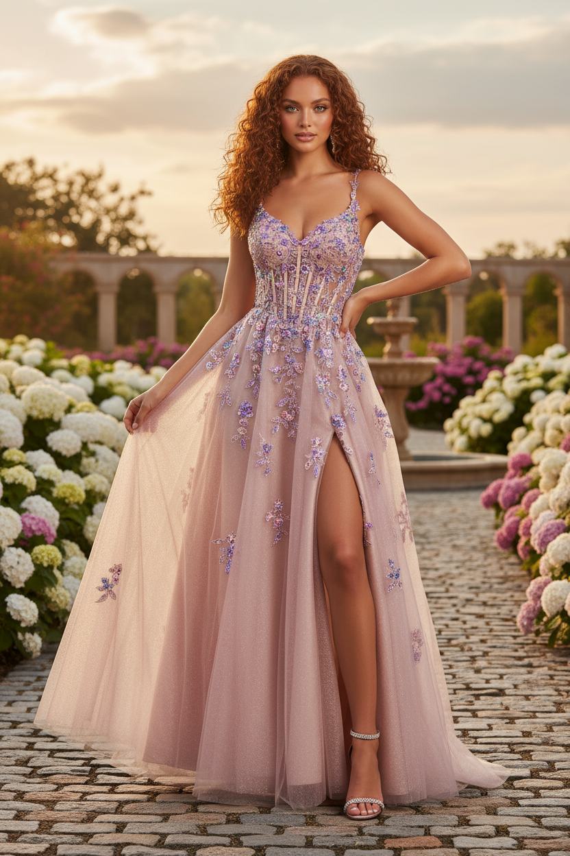 A Line Straps Tulle Prom Dresses With Sequin Appliques