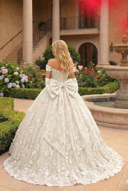 Charming Ball Gown Cold Shoulder Quinceañera Dress With Floral Lace and Bow | Sevoba
