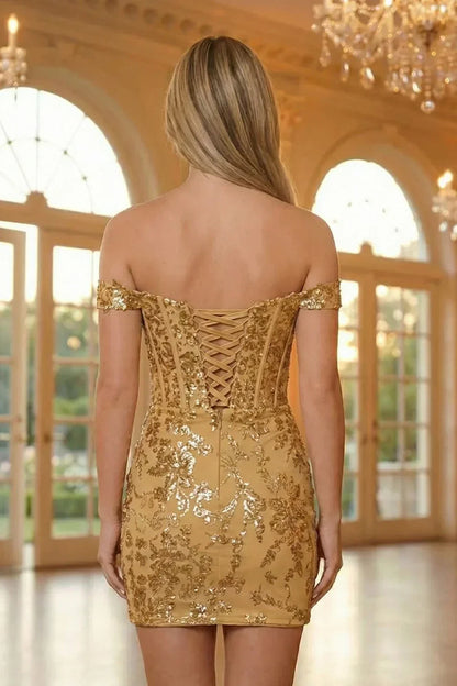 Short Off the Shoulder Sheath Kace Corset Homecoming Dress with Sequins | Sevoba