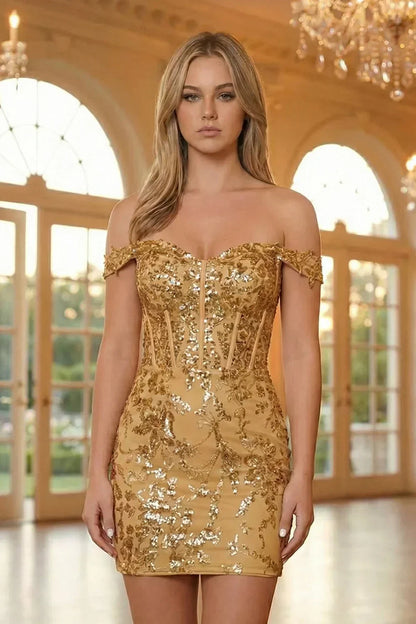 Short Off the Shoulder Sheath Kace Corset Homecoming Dress with Sequins | Sevoba