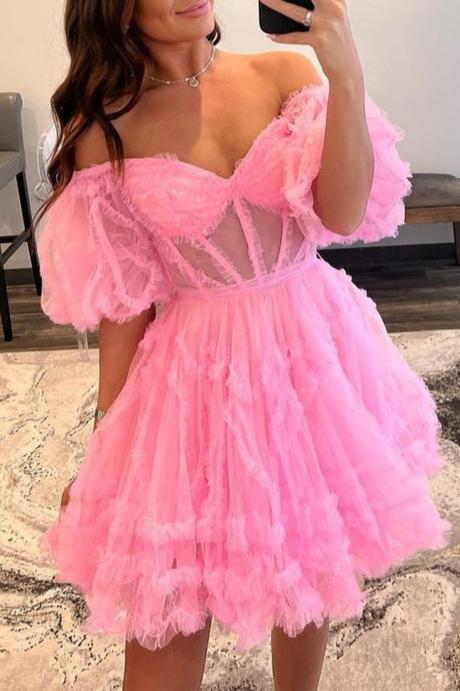 A Line Off the Shoulder Tulle Homecoming Dress