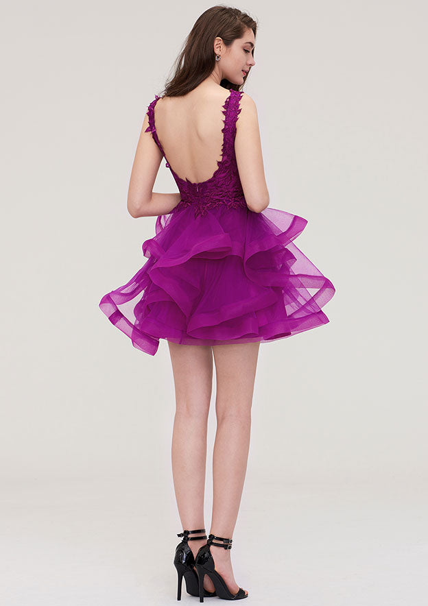 A-line/Princess V Neck Sleeveless Short/Mini Organza Homecoming Dress With Appliqued