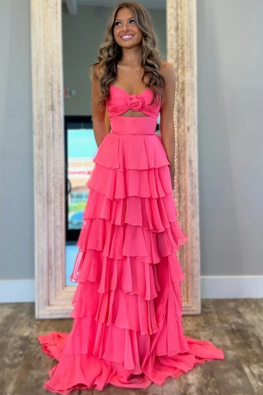 Sevoba|A-Line Strapless V-Neck Layered Chiffon Sleeveless Formal Prom Dress
