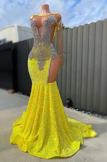 Glamorous V-neck Silver Beaded Long Mermaid Yellow Sequin Prom Party Dresses