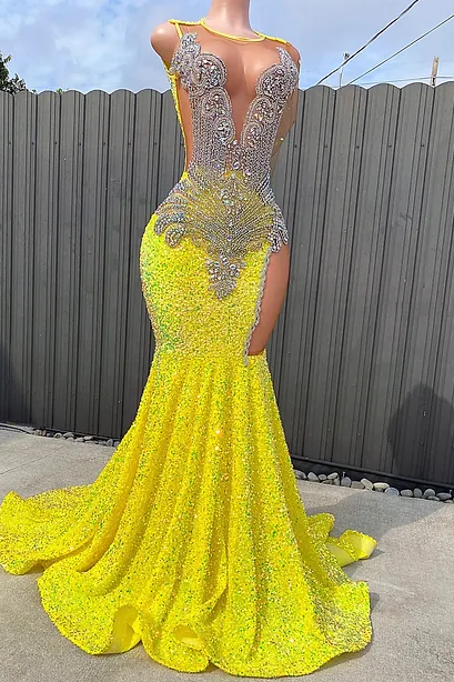 Glamorous V-neck Silver Beaded Long Mermaid Yellow Sequin Prom Party Dresses