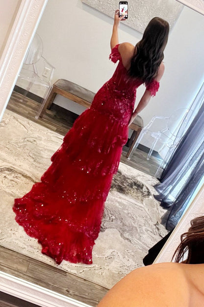 Sevoba|Red Sequin-Embroidery Off-the-Shoulder Tiered Long Prom Dress with Slit