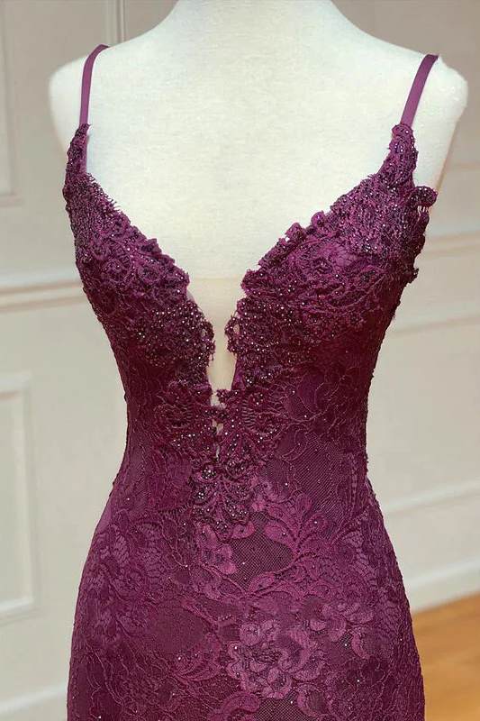 Sevoba|Lace Spaghetti Straps V-Neck Mermaid Formal Prom Dress with Slit