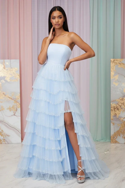 Sevoba strapless light blue tiered tulle prom dress featuring silver beaded trim on ruffles and a high leg slit, full-length front view